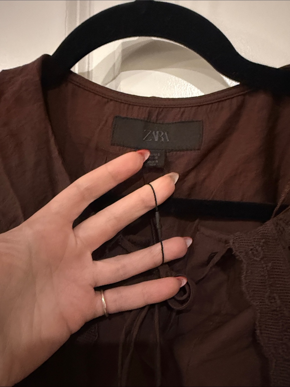 Zara Flowy Brown Lace-Trim Peter Pan Button-Down Blouse size S - Picture 3 of 9